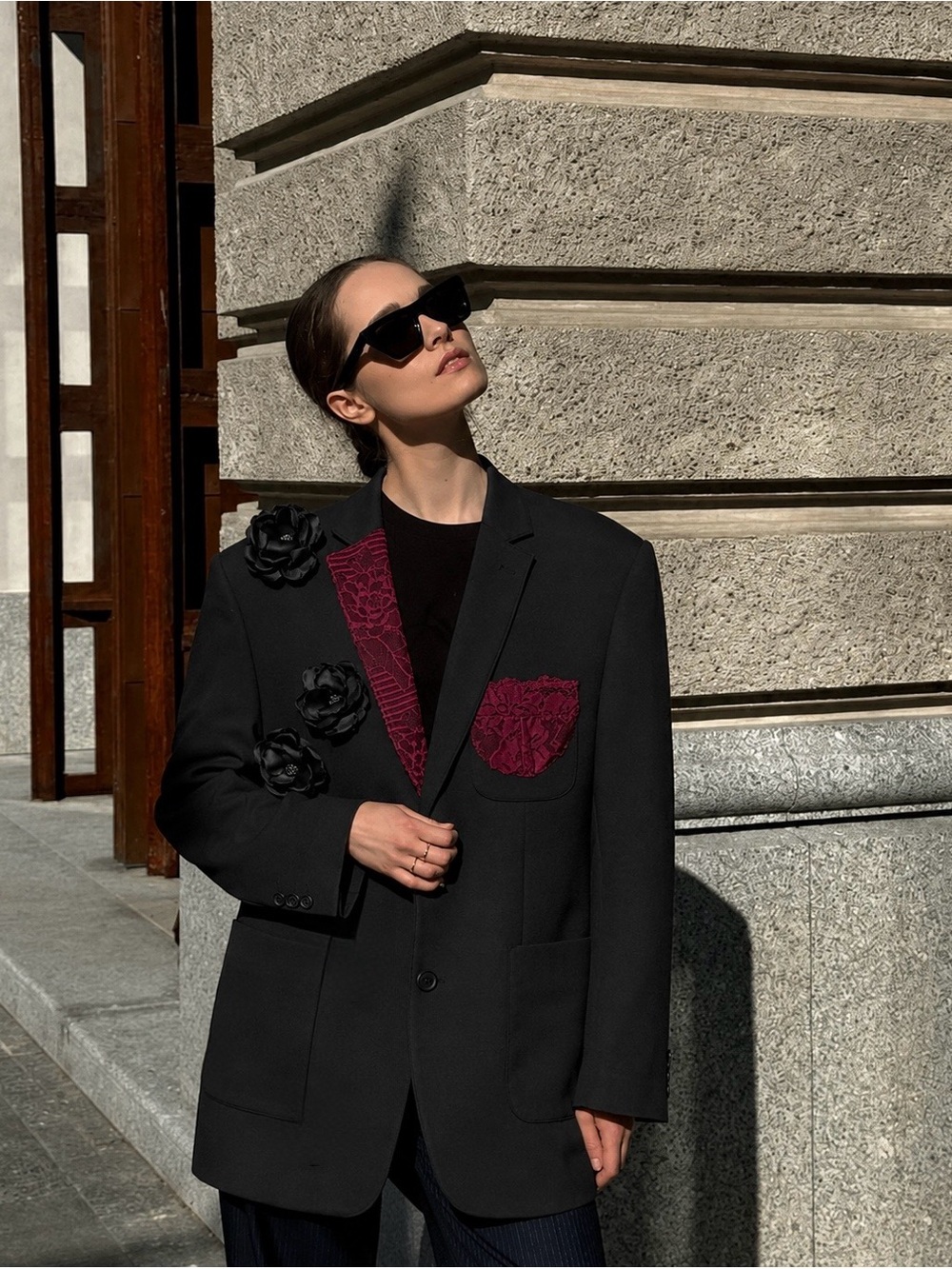 Mast & Harbour Handmade Upcycled Black Floral Lace Blazer Unisex OOAK
